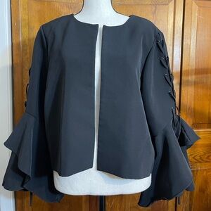 Vince Camuto Black Open Front Cropped Jacket Bell Sleeve Lace-Up Detail Size 14